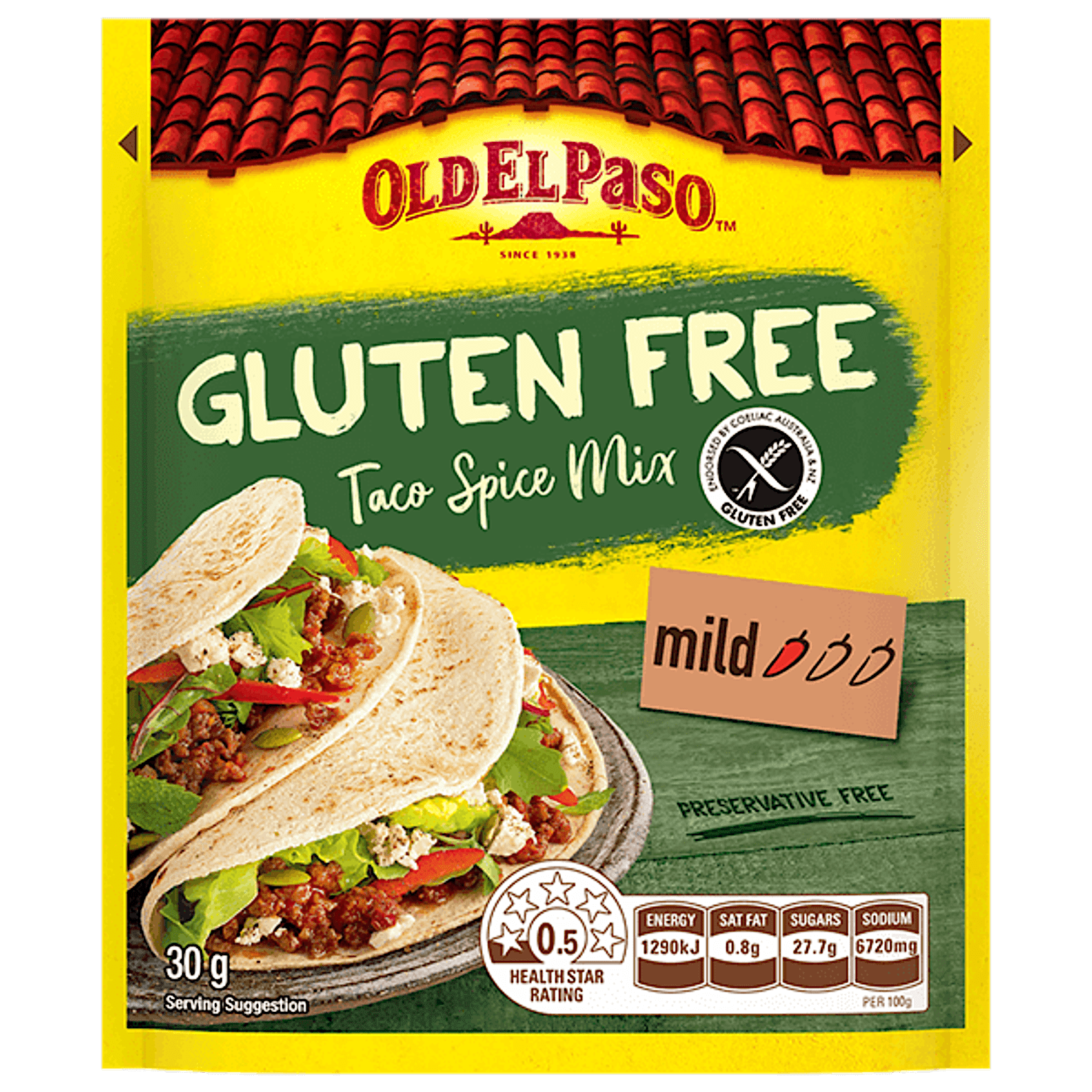 a pack of Old El Paso's gluten free mild taco spice mix (30g)